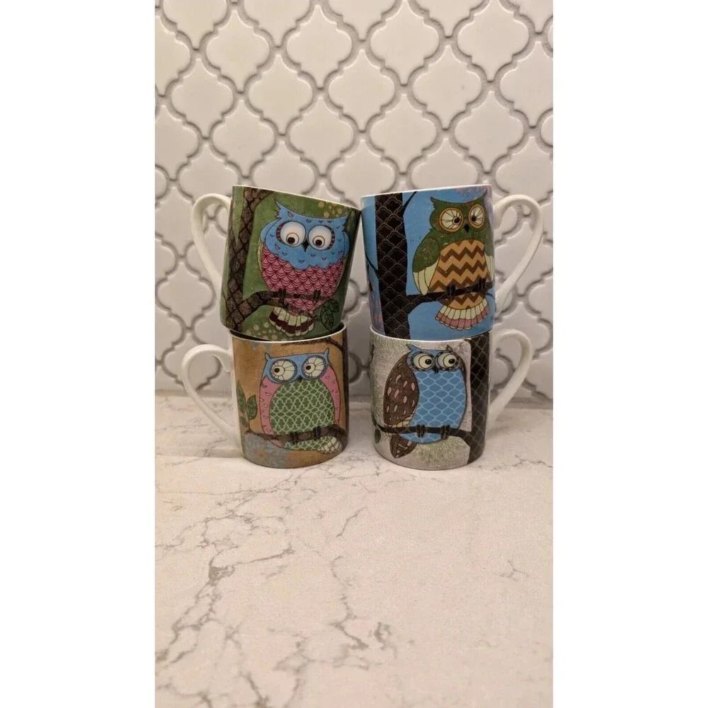 Four Mikasa Gourmet Basics OWLS coffee mugs Paul Brent design
